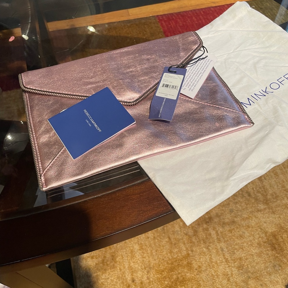 New With Dust Bag and Tags Metallic Pink Rebecca Minkoff Leo Envelope Clutch